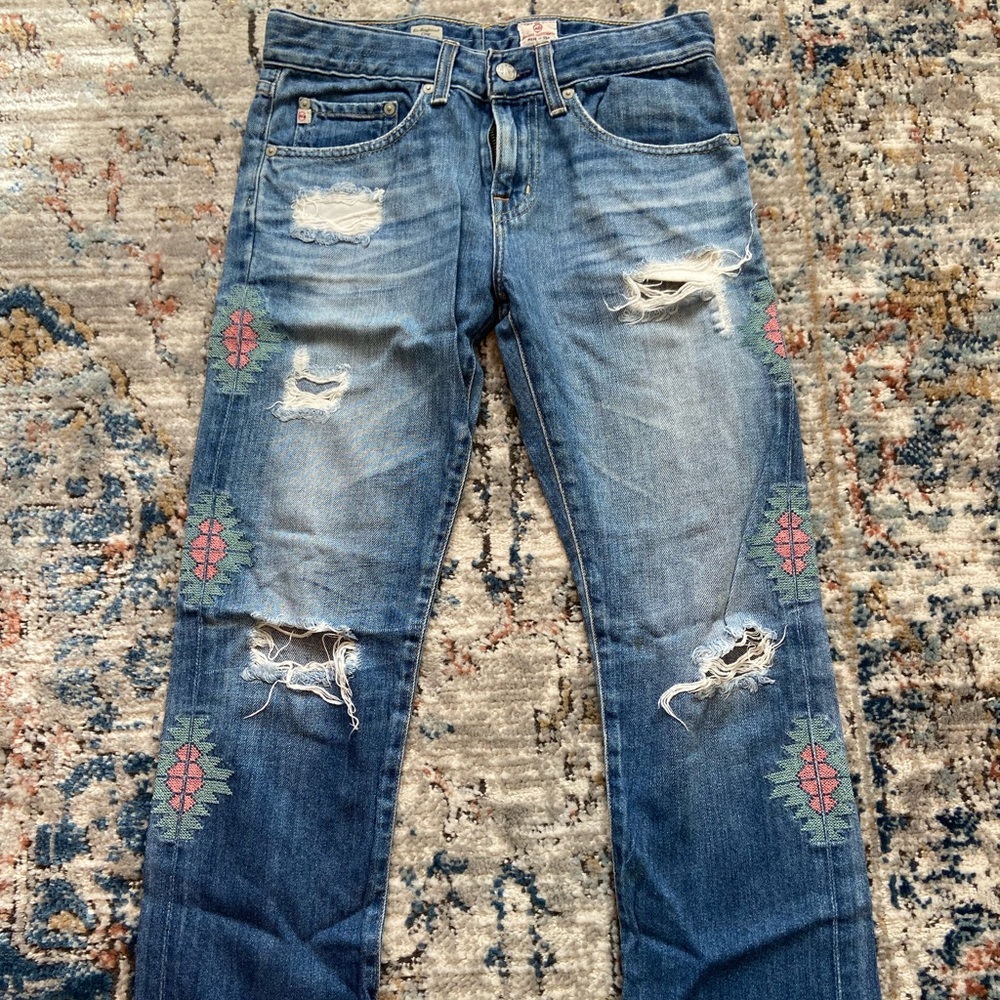 AG Denim Embroidered Boyfriend Jeans